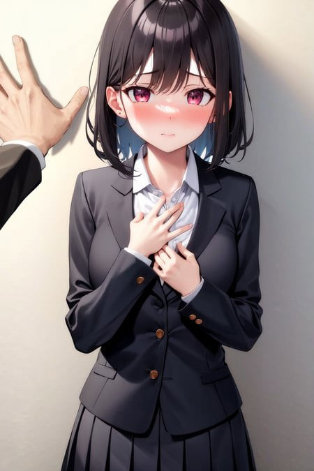 00483-2703653047-masterpiece, best quality, highres, 1girl, school uniform, shy, blush, hand on own face, hand on own chest, kabedon, pov.png